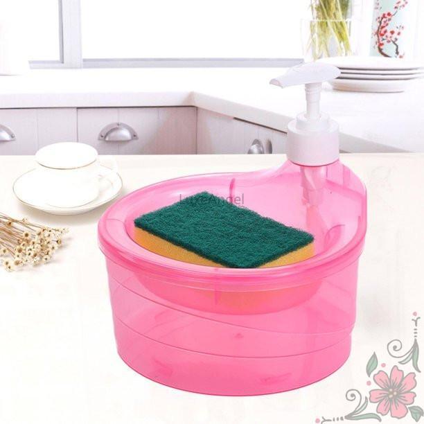 二合一圆形洗洁精按压式皂液器，附赠海绵，适用于浴室和厨房