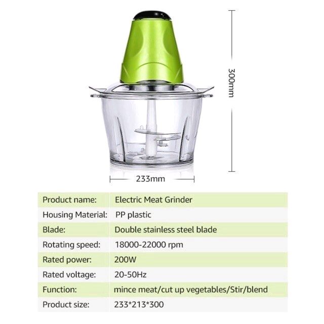 2L Plastic Multifunction Electric Kitchen Chopper Food Meat Grinder Kulay Berde