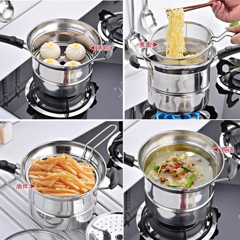 BAO SHU~ 3in1 Multifunction High-Quality Stainless Steel Cooking Pot Deep Fry Pot, May Steamer, Mainam para sa Street Food, Magaan, Abot-kaya!