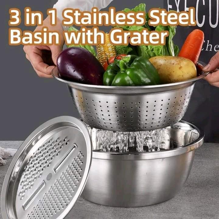 3in1 Stainless Steel Basin with Grater, Salad Cooker, Vegetable Slicer, and Chopper - Multi-functional Kitchen Tool - Utensils