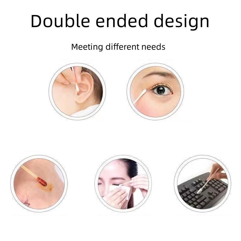 100Pcs/Pack Double Head Wood Cotton Buds Cotton Swabs  Bamboo Stick White with Plastic Wrapper