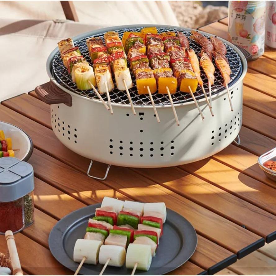 Portable Korean BBQ Grill - Outdoor Charcoal Smoker for Camping & Backyard Foldable Design Easy Clean Ash Tray Dual Fuel Options White