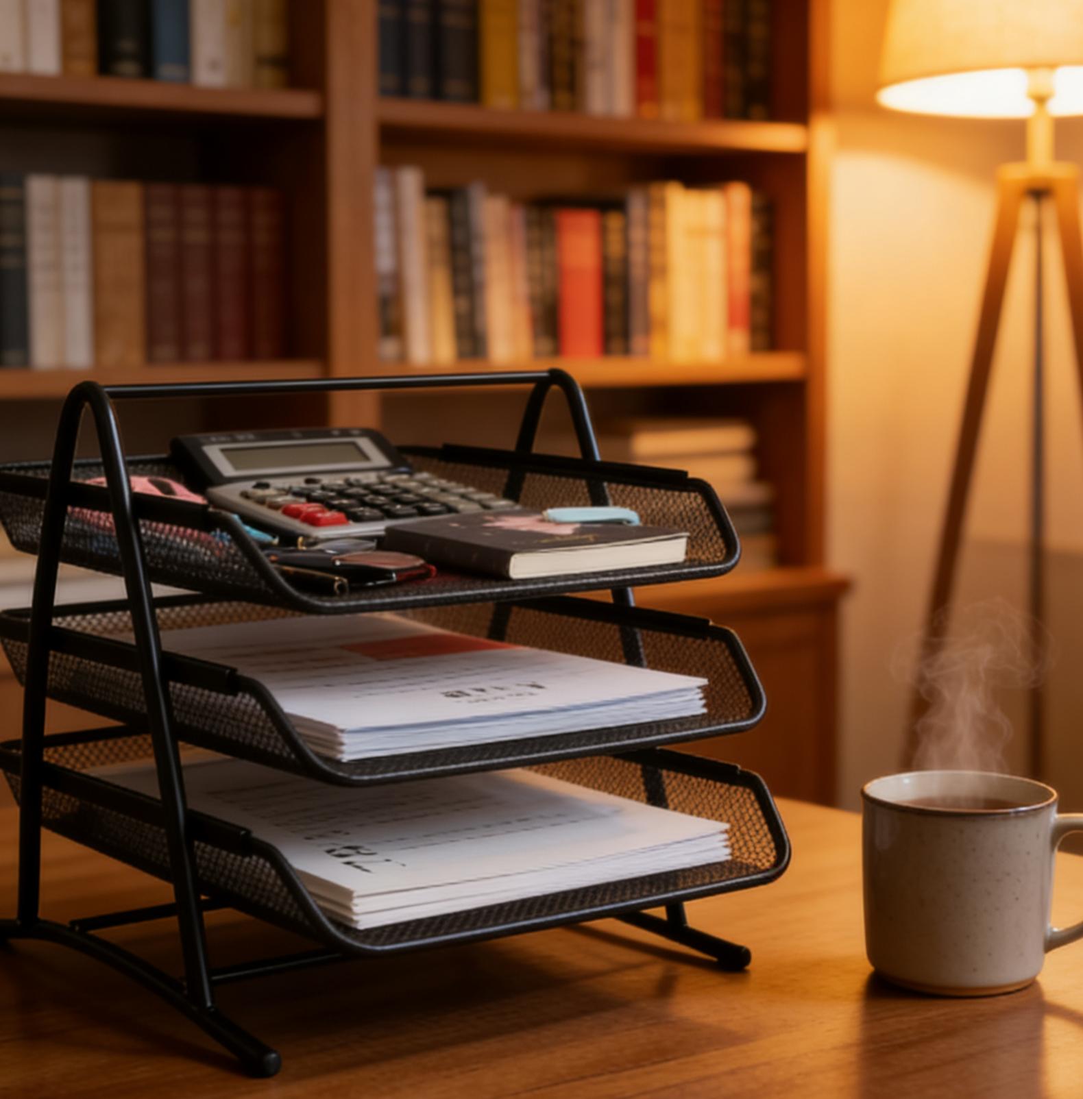 Metal Mesh 3-Layer File Tray (Black) | Space-Saving Desk Document Organizer