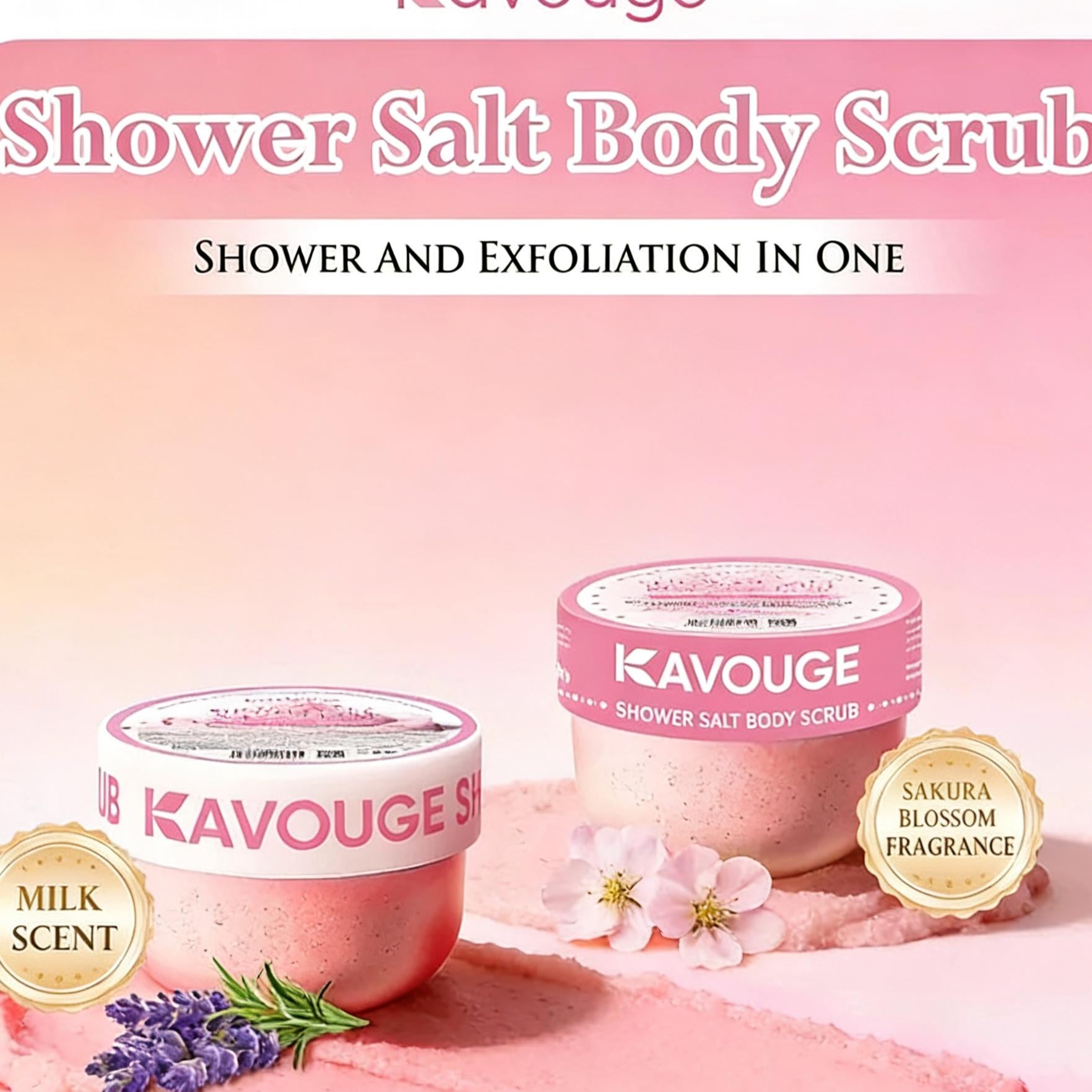 Kavouge Shower Salt Body Scrub - Exfoliating & Moisturizing with Sakura Blossom & Lavender Scents for Smooth Cleansing and Acne Prevention - Daily