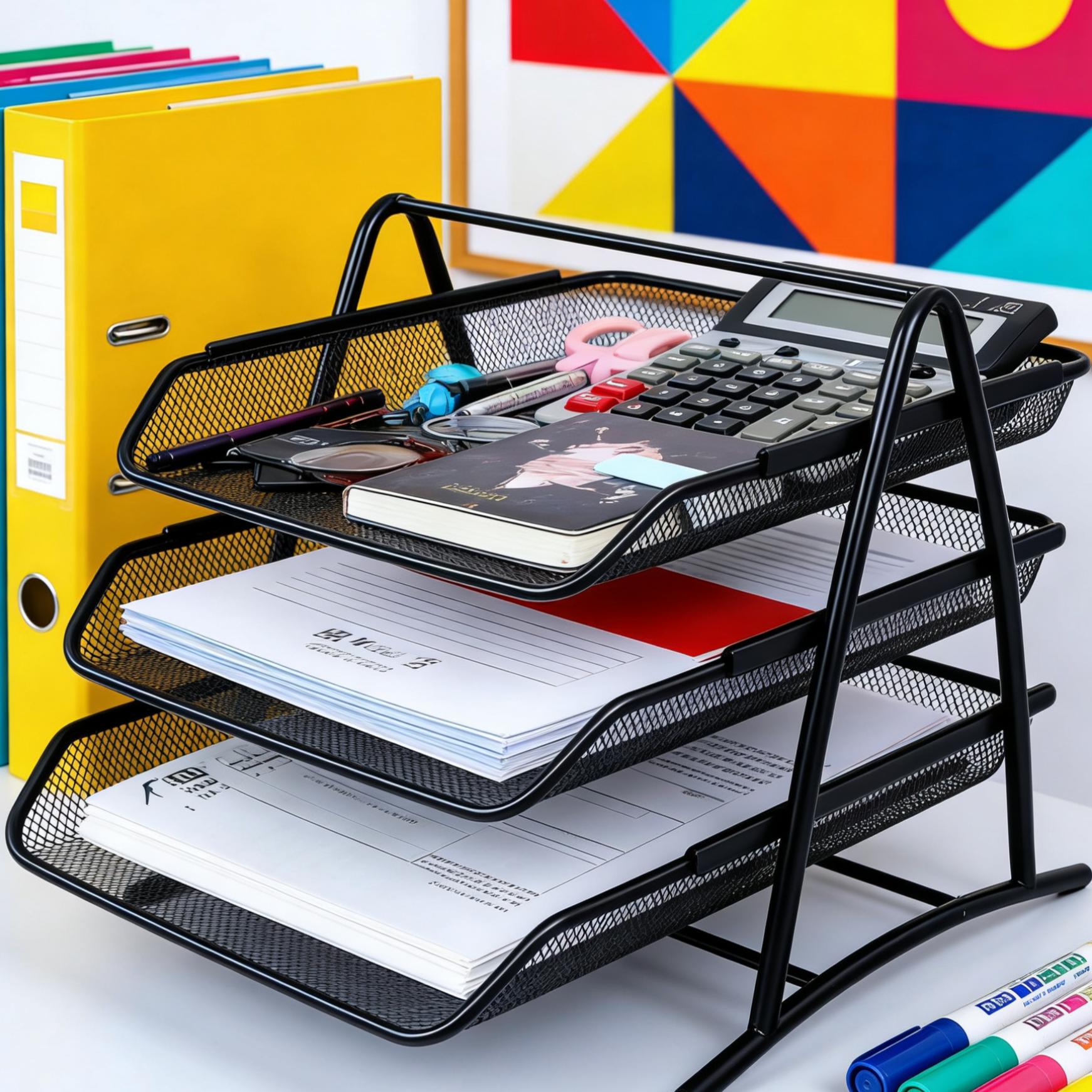 Metal Mesh 3-Layer File Tray (Black) | Space-Saving Desk Document Organizer