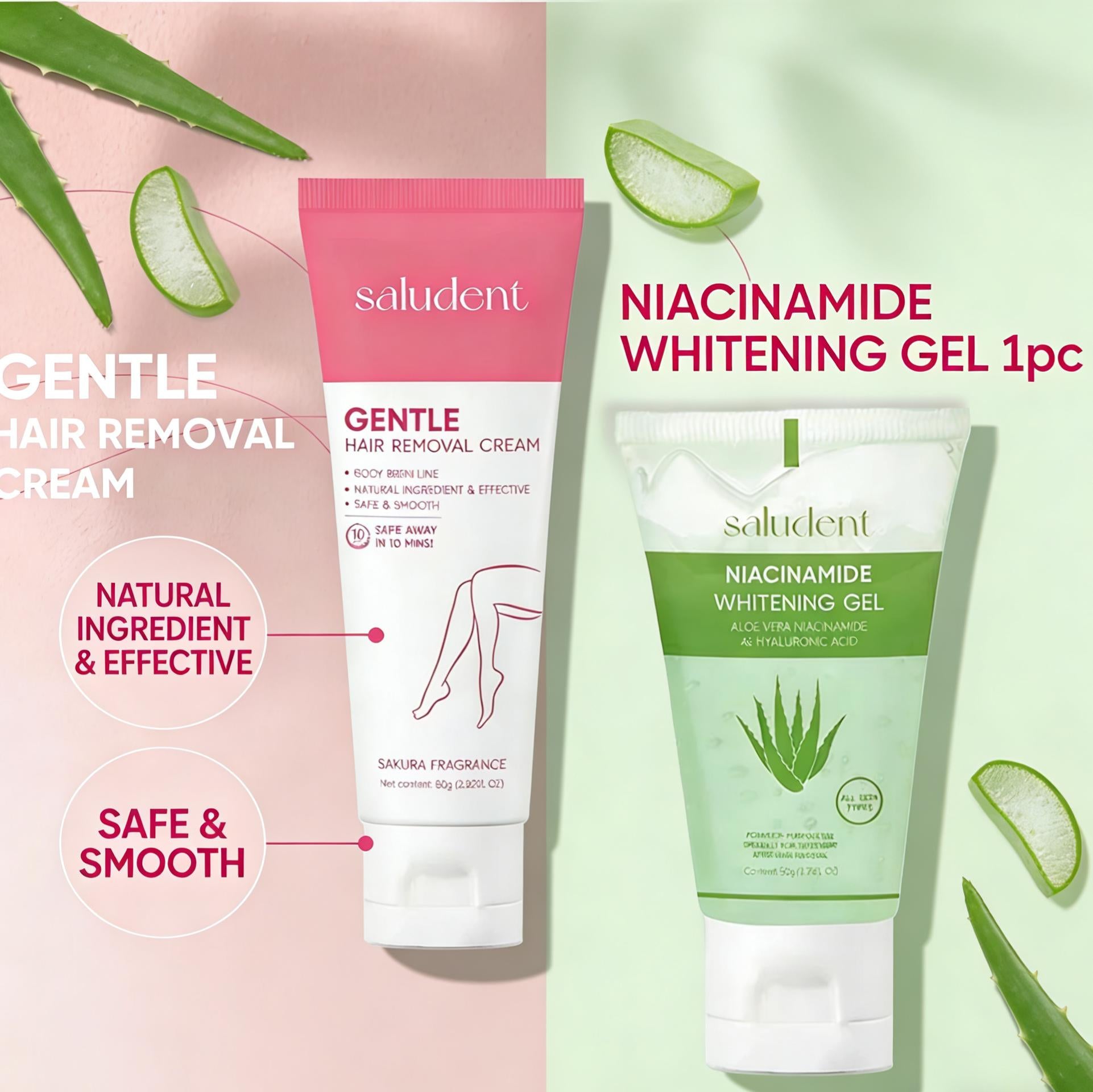 Saludent 2in1 Hair Removal & Aloe Vera Whitening Set (Hair Removal Cream + Whitening Gel) Painless Smooth Skin Brightening Best Seller PH Body Care Gentle Gentle