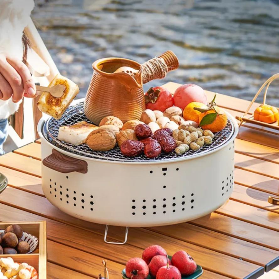 Portable Korean BBQ Grill - Outdoor Charcoal Smoker for Camping & Backyard Foldable Design Easy Clean Ash Tray Dual Fuel Options White