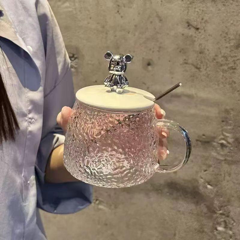 Bili 1 Kumuha ng 4-300ml Bear Mug Mini Coffee Cup na may Takip Office Water Glass Ins Style Bear Glass