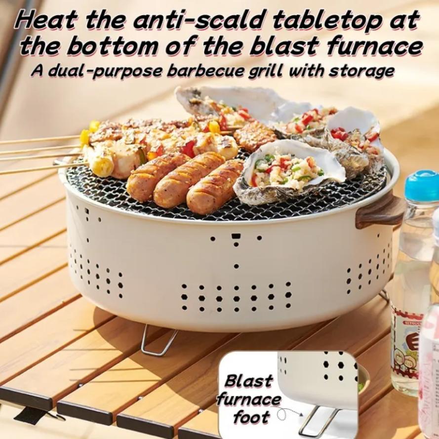 Portable Korean BBQ Grill - Outdoor Charcoal Smoker for Camping & Backyard Foldable Design Easy Clean Ash Tray Dual Fuel Options White