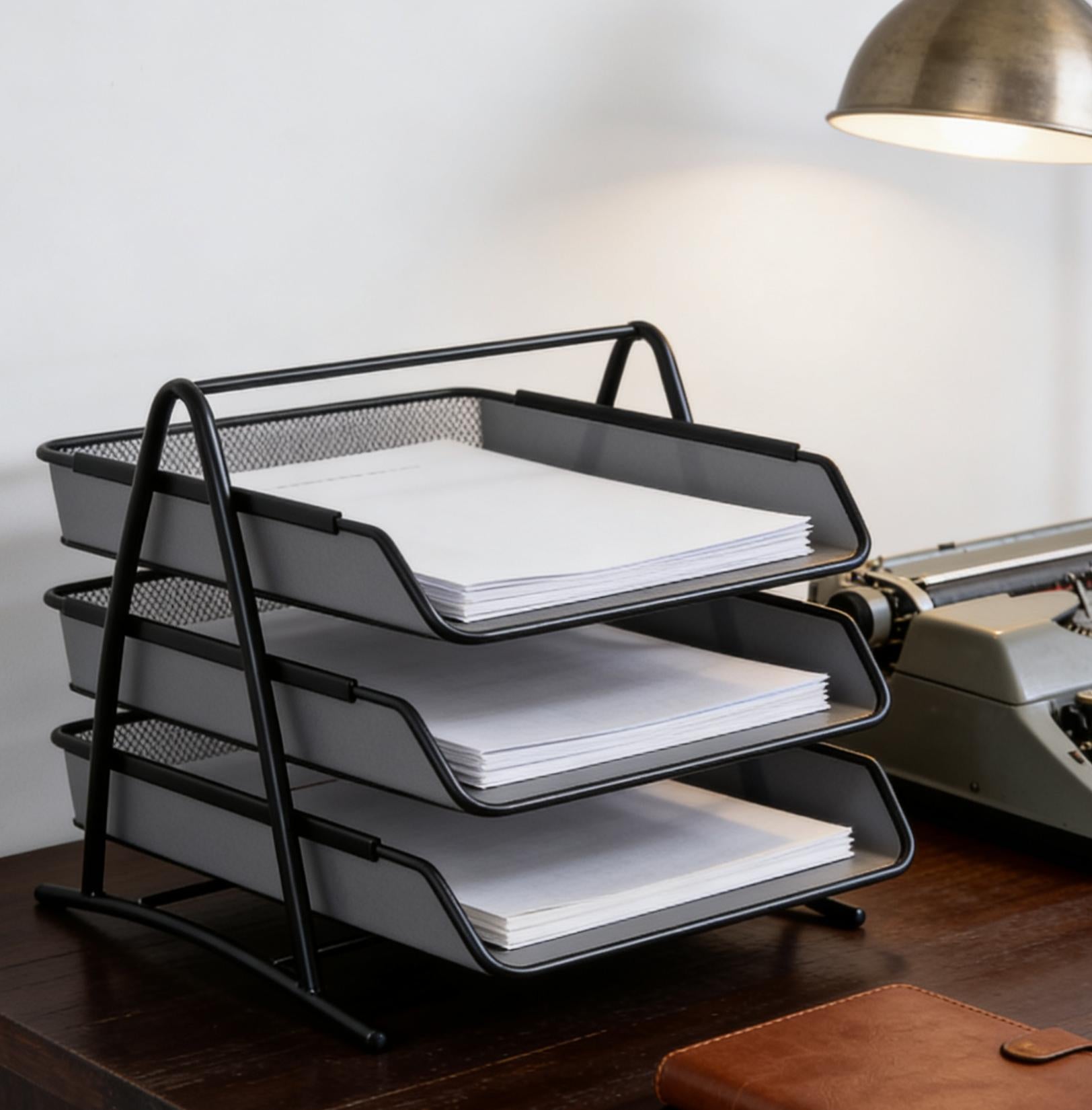 Metal Mesh 3-Layer File Tray (Black) | Space-Saving Desk Document Organizer