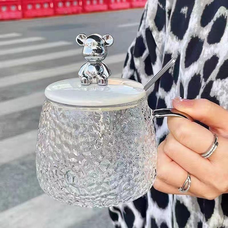Bili 1 Kumuha ng 4-300ml Bear Mug Mini Coffee Cup na may Takip Office Water Glass Ins Style Bear Glass