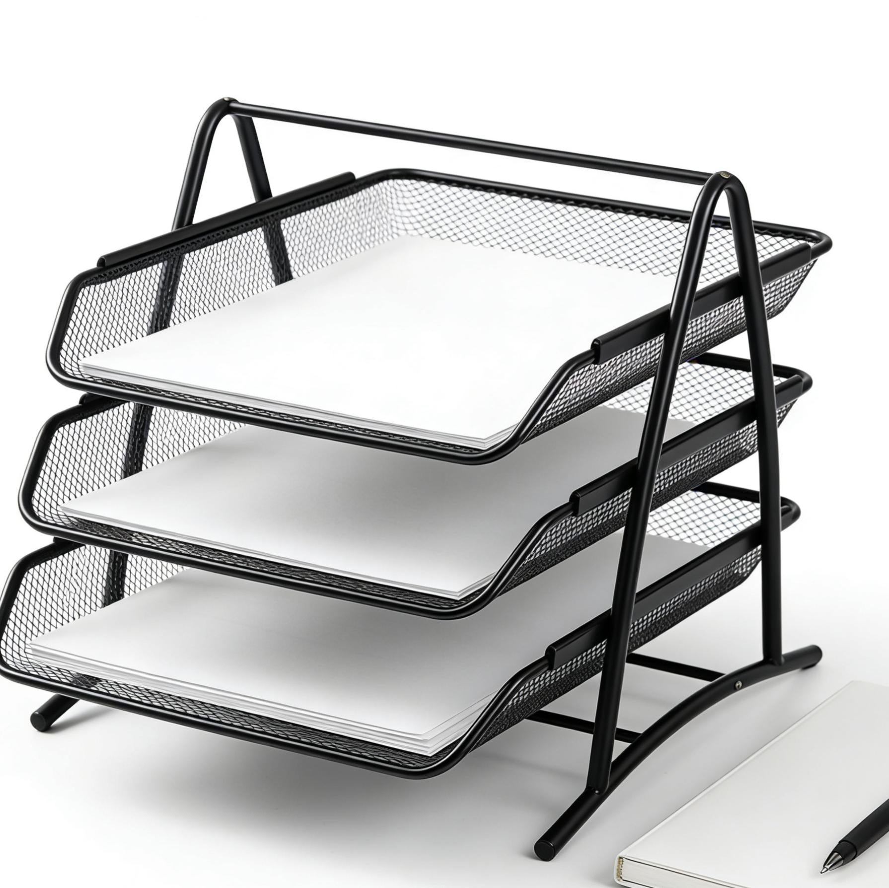 Metal Mesh 3-Layer File Tray (Black) | Space-Saving Desk Document Organizer