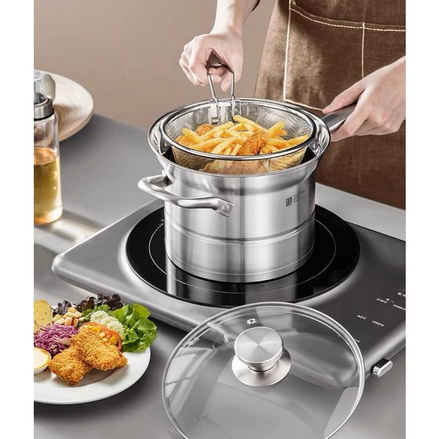 BAO SHU~ 3in1 Multifunction High-Quality Stainless Steel Cooking Pot Deep Fry Pot, May Steamer, Mainam para sa Street Food, Magaan, Abot-kaya!