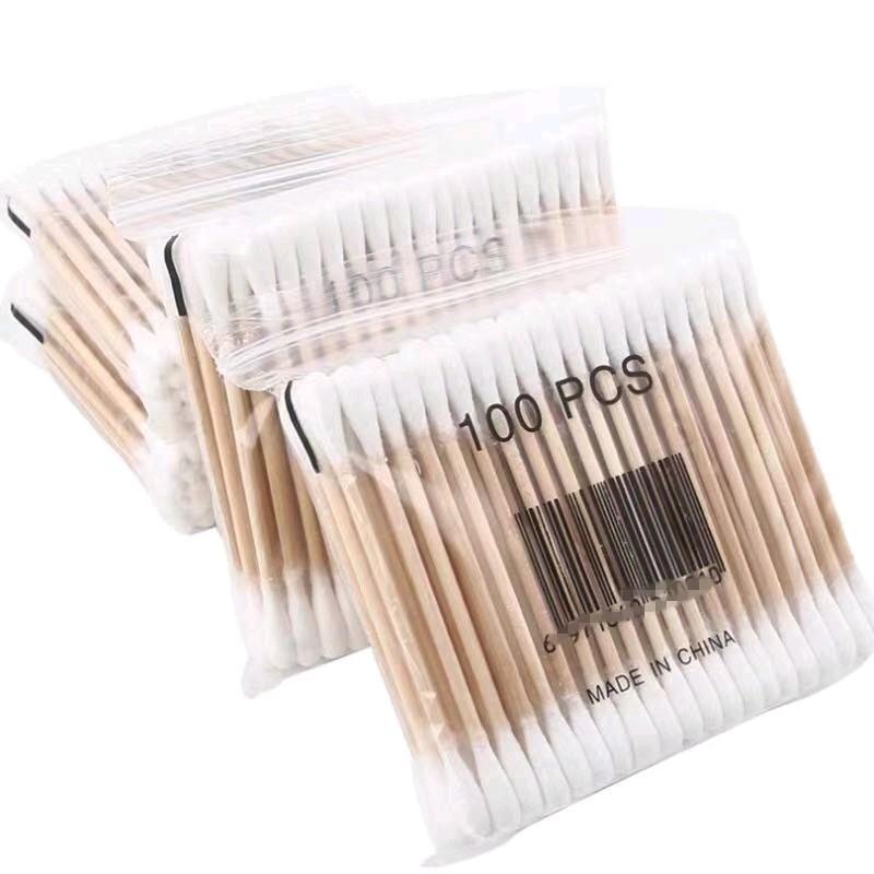 100Pcs/Pack Double Head Wood Cotton Buds Cotton Swabs  Bamboo Stick White with Plastic Wrapper