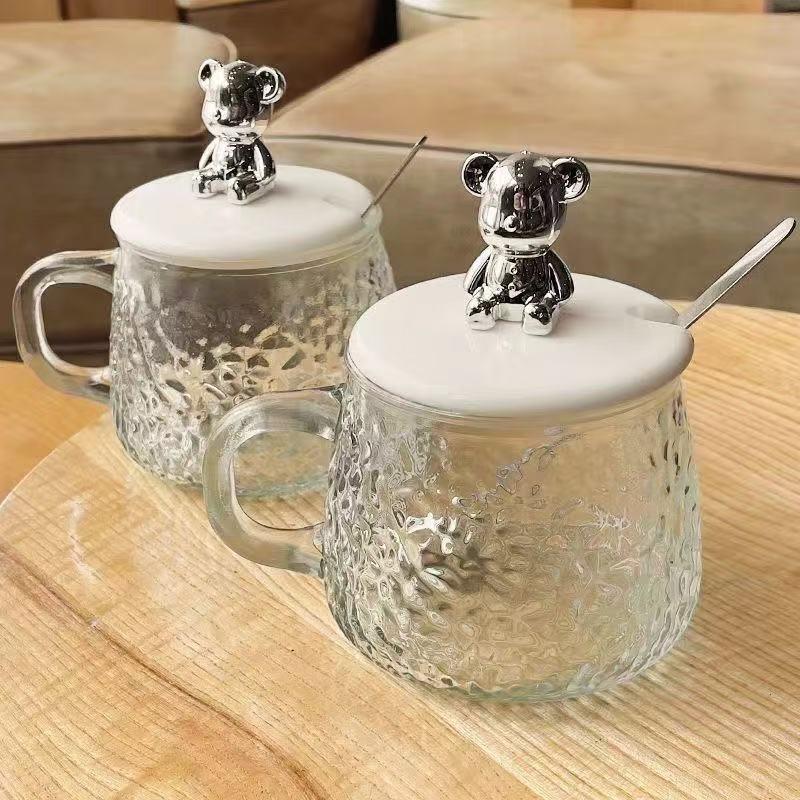 Bili 1 Kumuha ng 4-300ml Bear Mug Mini Coffee Cup na may Takip Office Water Glass Ins Style Bear Glass
