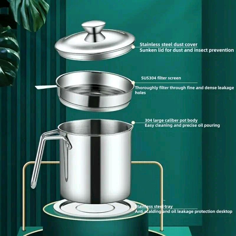 1.3L Stainless Steel Oil Filter Pot with Lid - Fine Mesh Strainer for Cooking, Frying & Edible Oil Storage | Rustproof & Easy to Clean