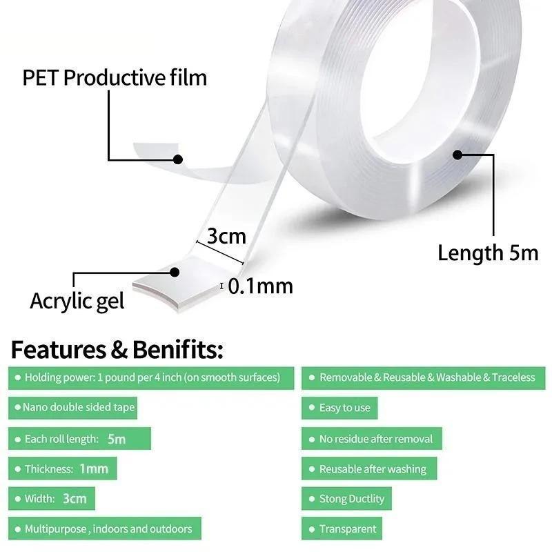 Nano Double-Sided Tape - 3M/5M Transparent, Reusable, Waterproof Adhesive for Home Use