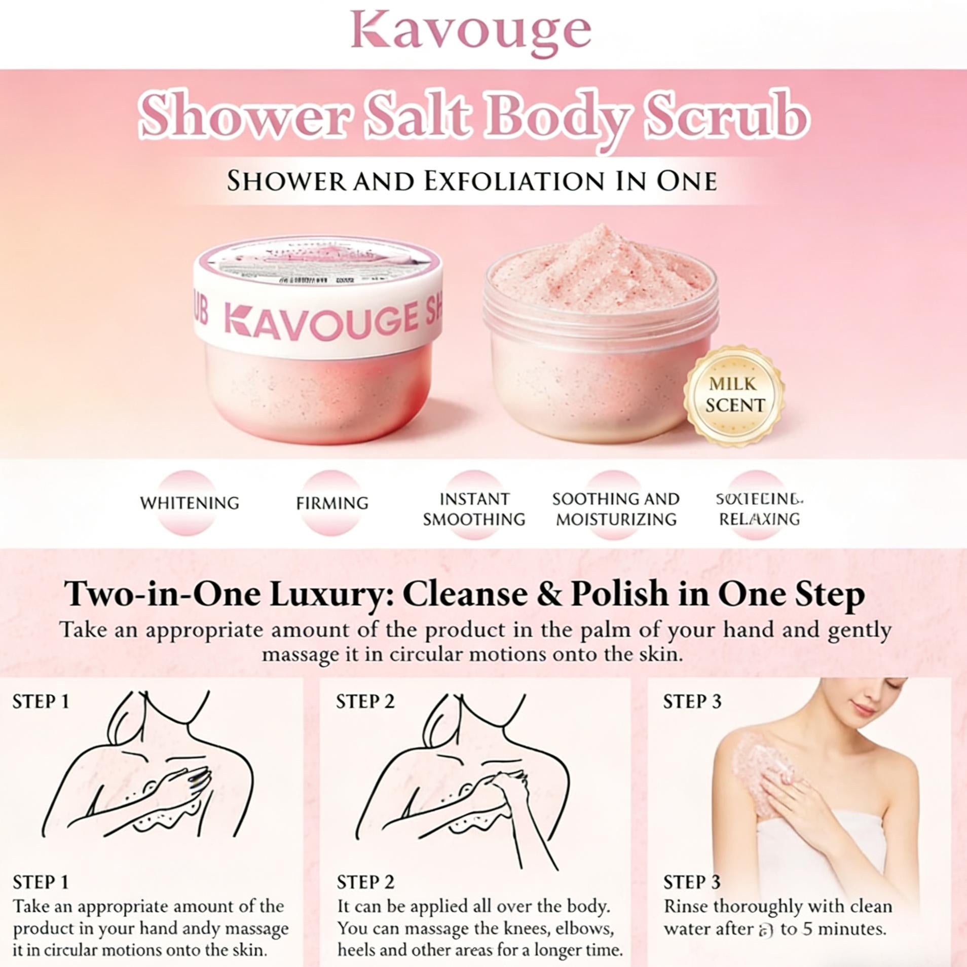 Kavouge Shower Salt Body Scrub - Exfoliating & Moisturizing with Sakura Blossom & Lavender Scents for Smooth Cleansing and Acne Prevention - Daily