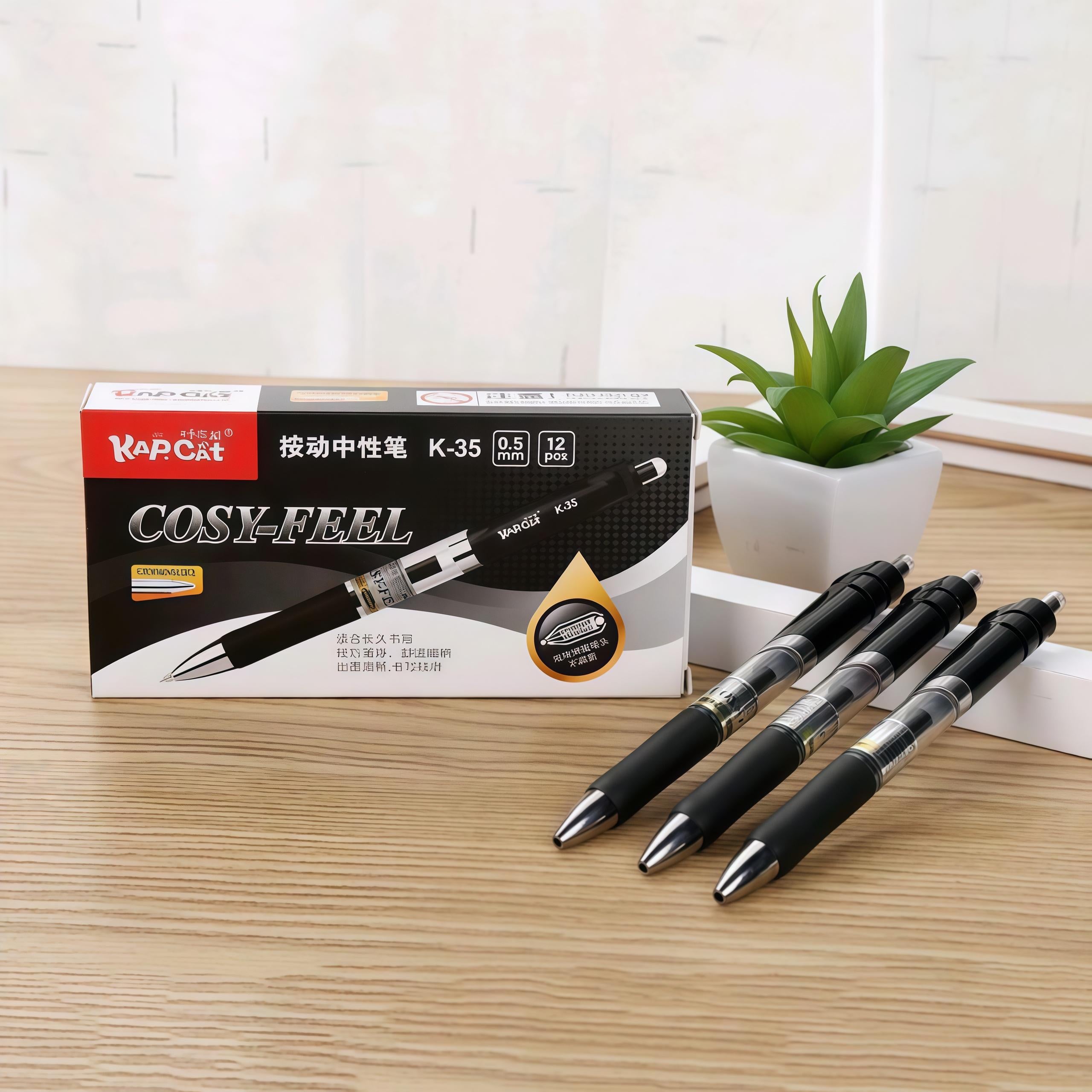 KAP CAT K-35 Press Gel Pen - 12pcs/Box Black Ink para sa Makinis na Pagsulat Eskwelahan at Opisina Ergonomic Grip Matitingkad na Tinta