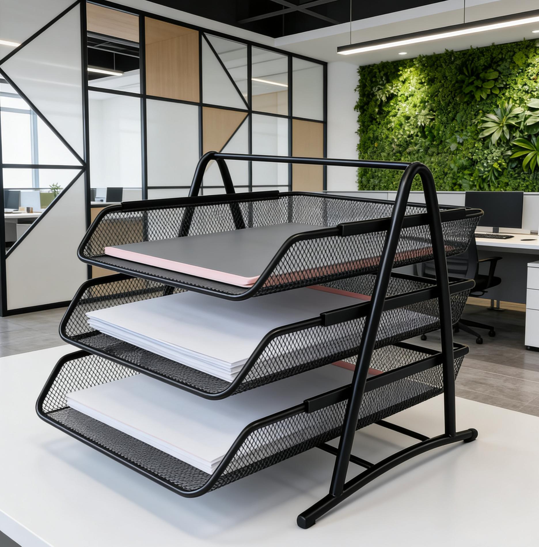 Metal Mesh 3-Layer File Tray (Black) | Space-Saving Desk Document Organizer