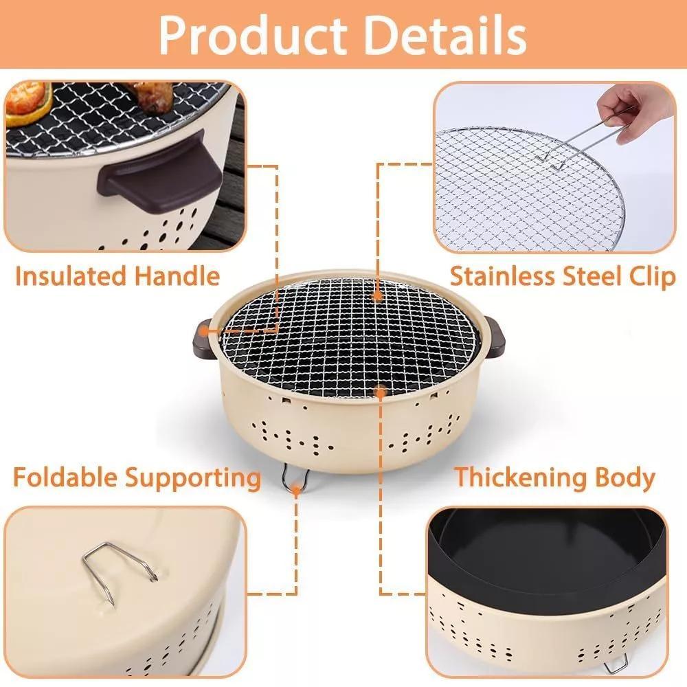 Portable Korean BBQ Grill - Outdoor Charcoal Smoker for Camping & Backyard Foldable Design Easy Clean Ash Tray Dual Fuel Options White