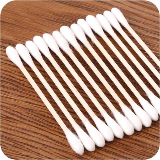100Pcs/Pack Double Head Wood Cotton Buds Cotton Swabs  Bamboo Stick White with Plastic Wrapper