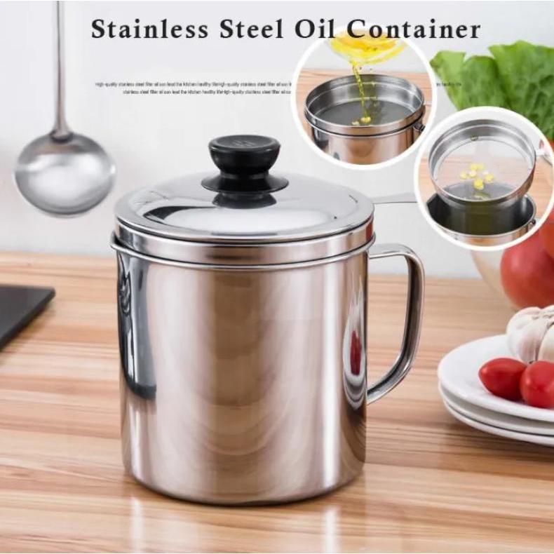 1.3L Stainless Steel Oil Filter Pot with Lid - Fine Mesh Strainer for Cooking, Frying & Edible Oil Storage | Rustproof & Easy to Clean