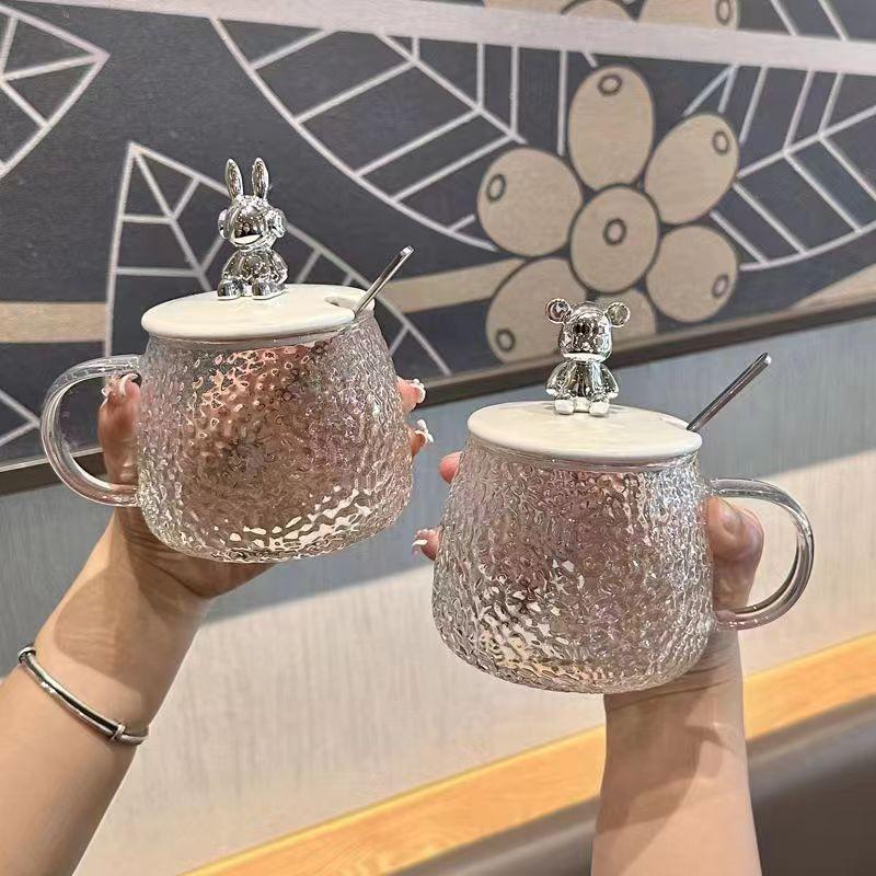 Bili 1 Kumuha ng 4-300ml Bear Mug Mini Coffee Cup na may Takip Office Water Glass Ins Style Bear Glass