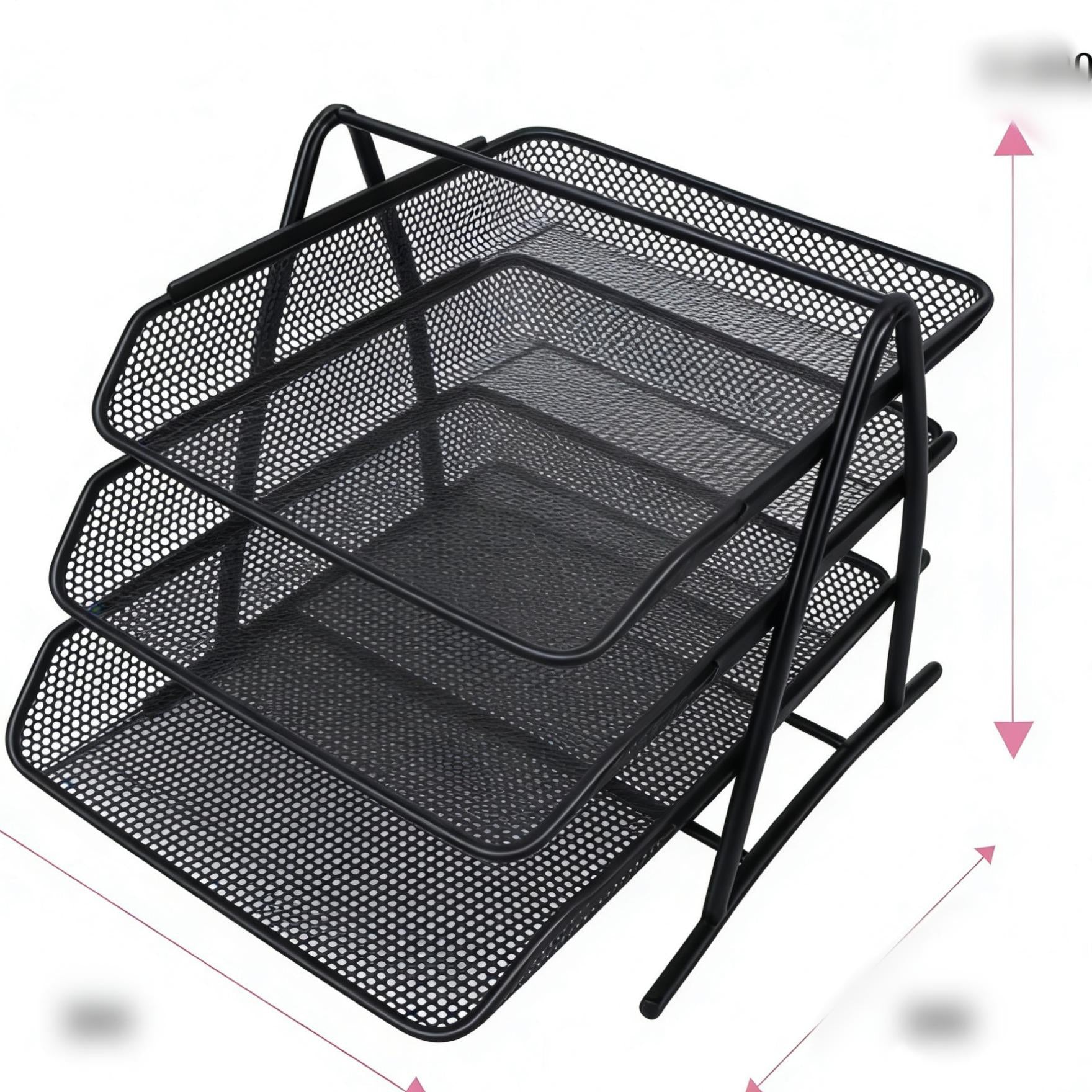 Metal Mesh 3-Layer File Tray (Black) | Space-Saving Desk Document Organizer