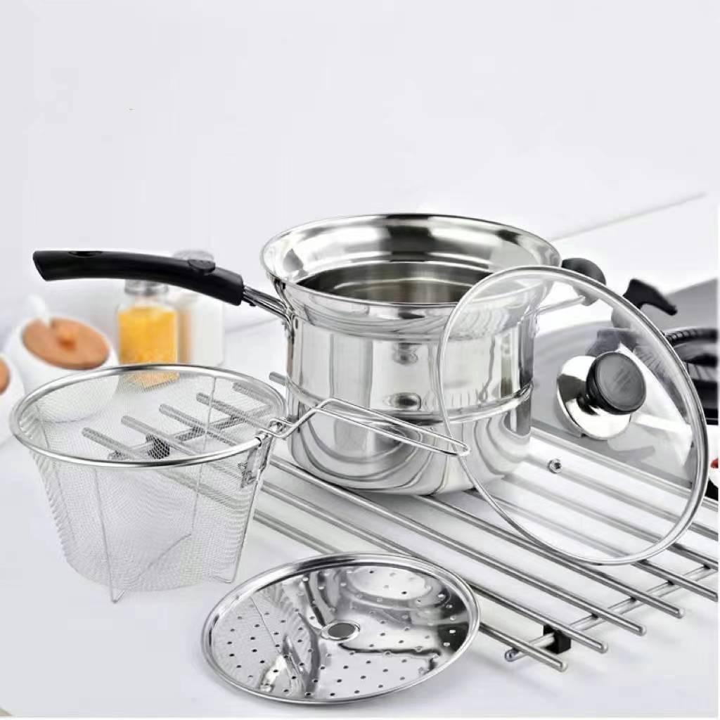 BAO SHU~ 3in1 Multifunction High-Quality Stainless Steel Cooking Pot Deep Fry Pot, May Steamer, Mainam para sa Street Food, Magaan, Abot-kaya!