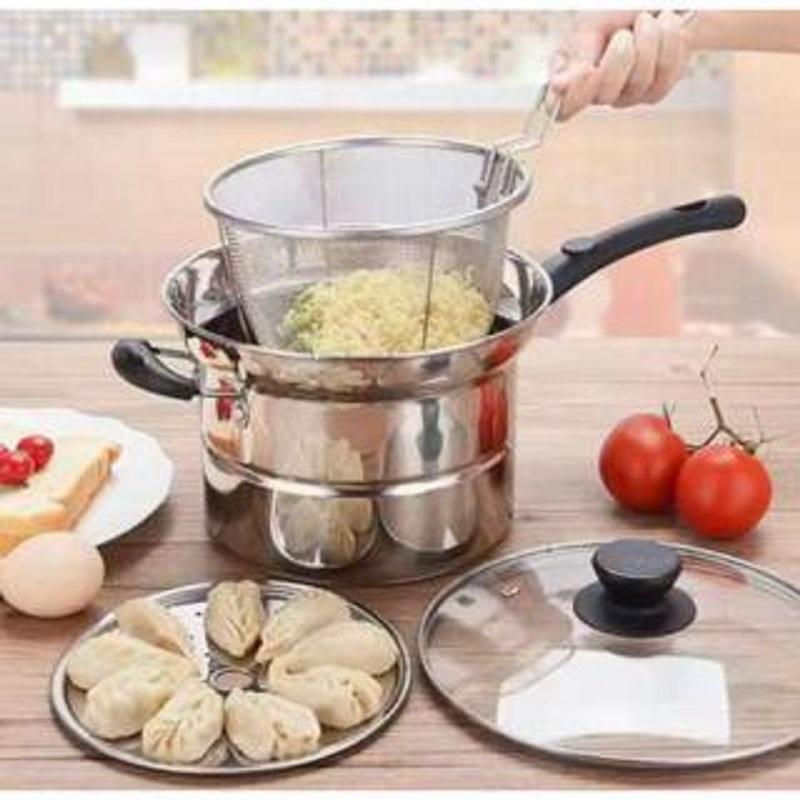 BAO SHU~ 3in1 Multifunction High-Quality Stainless Steel Cooking Pot Deep Fry Pot, May Steamer, Mainam para sa Street Food, Magaan, Abot-kaya!