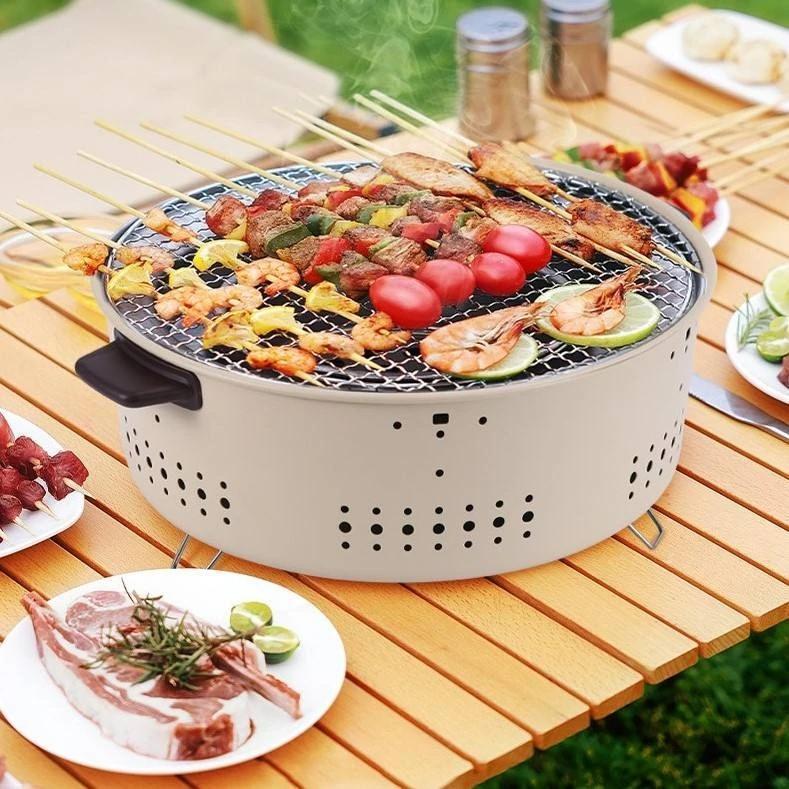 Portable Korean BBQ Grill - Outdoor Charcoal Smoker for Camping & Backyard Foldable Design Easy Clean Ash Tray Dual Fuel Options White