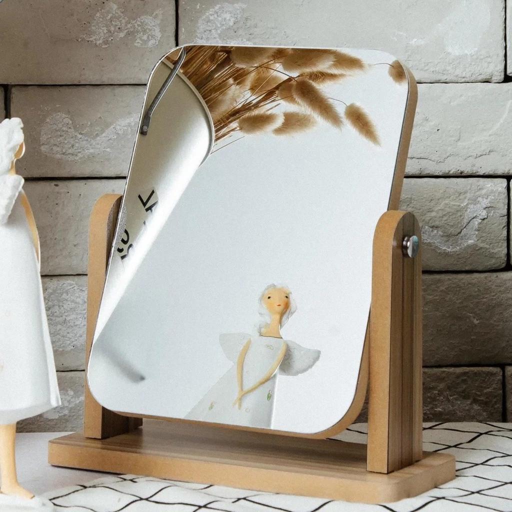 Wooden Mirror 360 Degree Portable Adjustable Table Desk Mirror Stand Bathroom Living Room