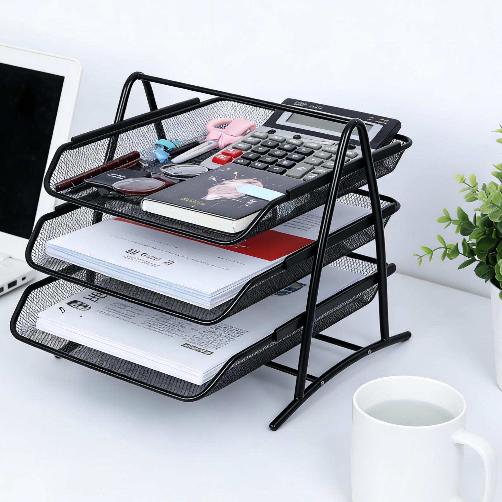 Metal Mesh 3-Layer File Tray (Black) | Space-Saving Desk Document Organizer