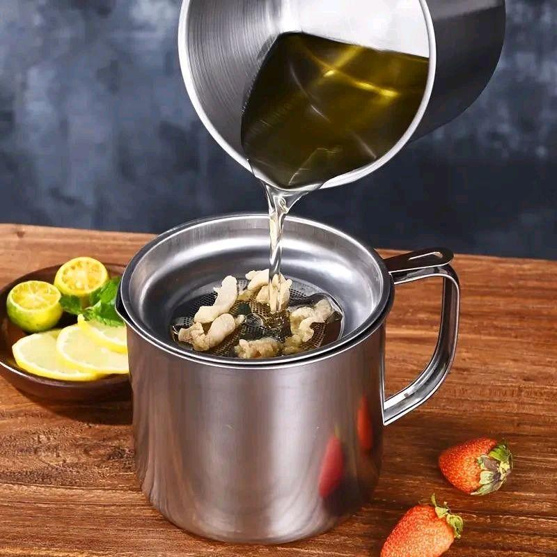 1.3L Stainless Steel Oil Filter Pot with Lid - Fine Mesh Strainer for Cooking, Frying & Edible Oil Storage | Rustproof & Easy to Clean