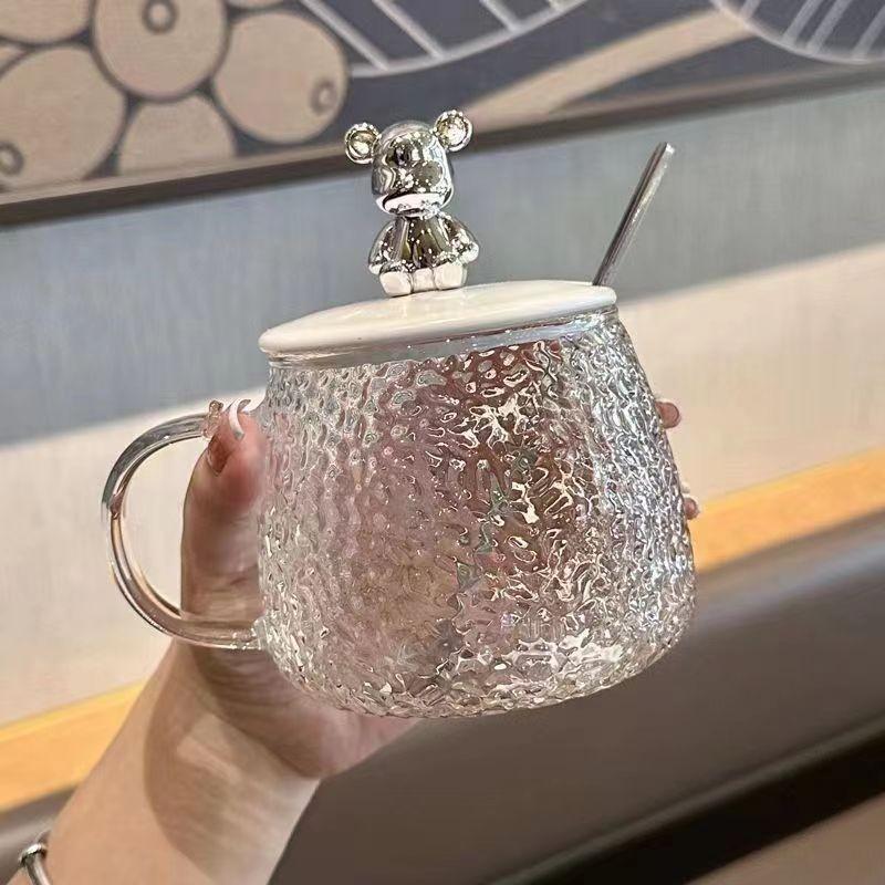 Bili 1 Kumuha ng 4-300ml Bear Mug Mini Coffee Cup na may Takip Office Water Glass Ins Style Bear Glass