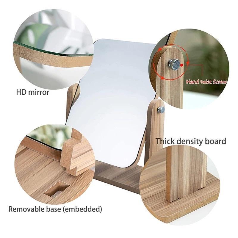 Wooden Mirror 360 Degree Portable Adjustable Table Desk Mirror Stand Bathroom Living Room