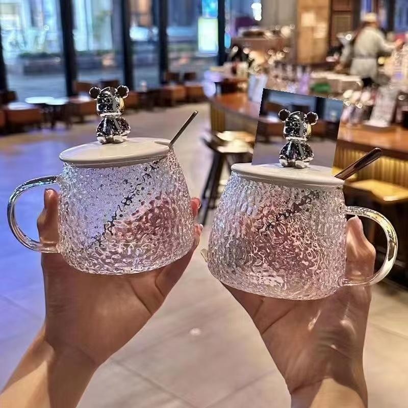 Bili 1 Kumuha ng 4-300ml Bear Mug Mini Coffee Cup na may Takip Office Water Glass Ins Style Bear Glass