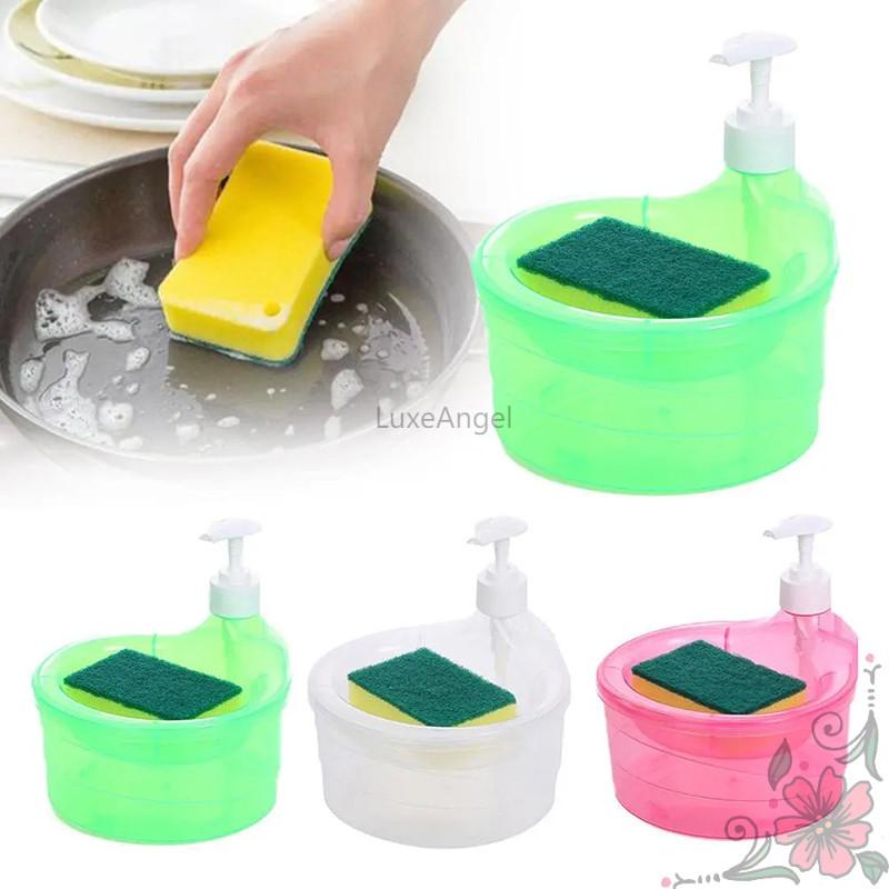 二合一圆形洗洁精按压式皂液器，附赠海绵，适用于浴室和厨房