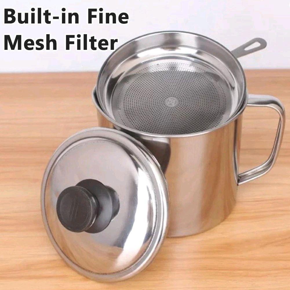 1.3L 304 Stainless Steel Oil Strainer Pot with Lid Filter Cooking Oil Container Bottle Dispenser
