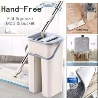 2in1 Smart Set Mop Cleaning Free HandSpin Cleaning with Bucket and Flat Squeeze for Home Kitchen