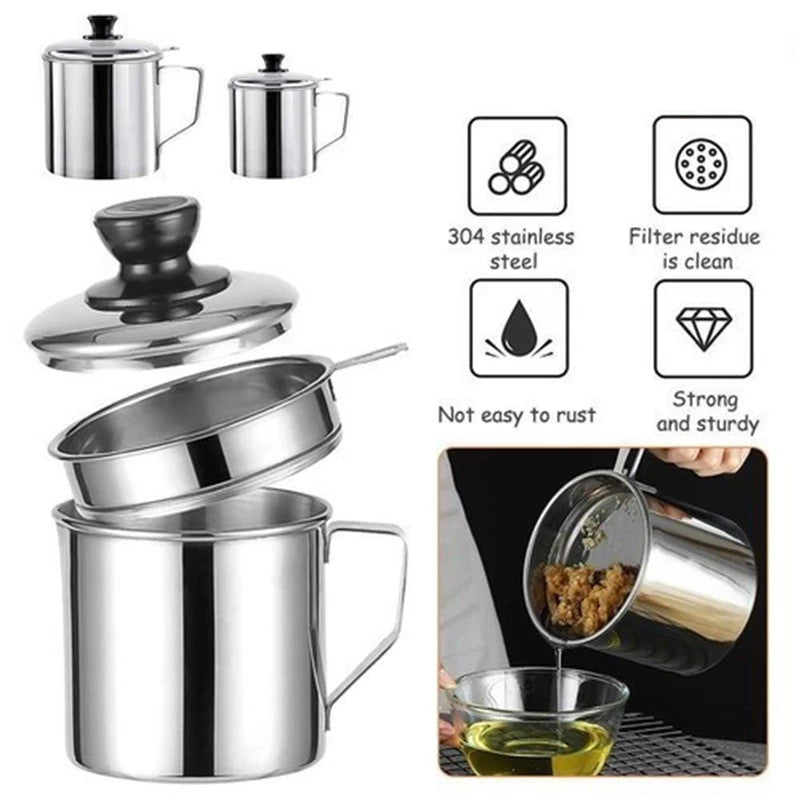1.3L 304 Stainless Steel Oil Strainer Pot with Lid Filter Cooking Oil Container Bottle Dispenser