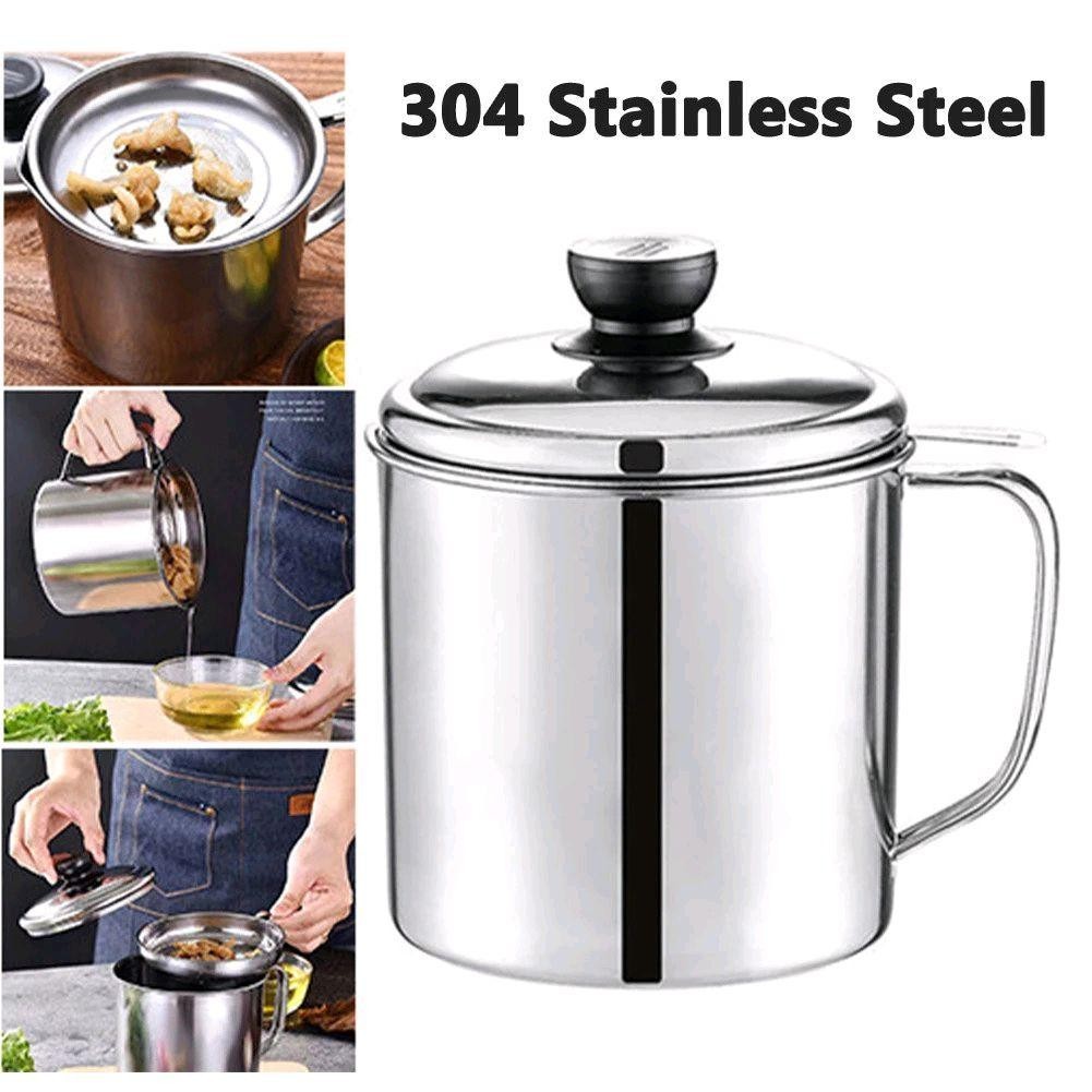 1.3L 304 Stainless Steel Oil Strainer Pot with Lid Filter Cooking Oil Container Bottle Dispenser