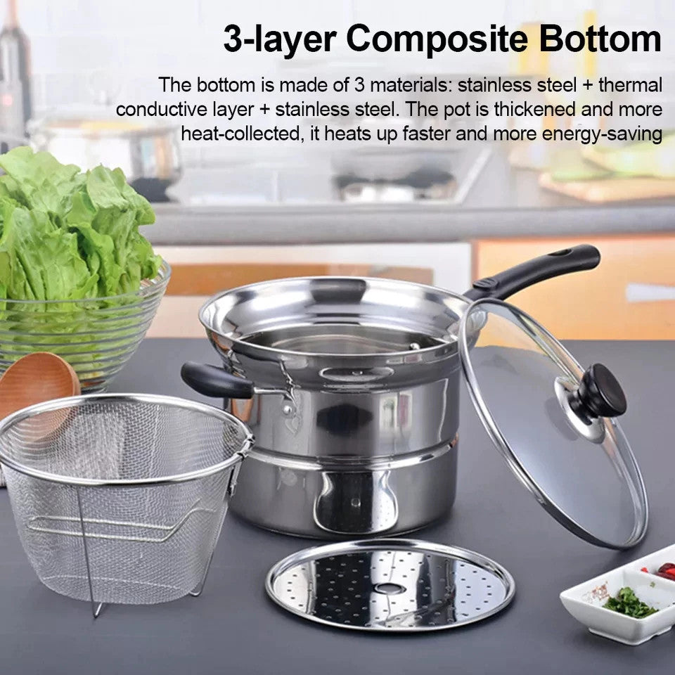 【COD】Connox Stainless Steel 3-in-1 Cooking Pot with Glass Lid for Boiling, Steaming, and Frying